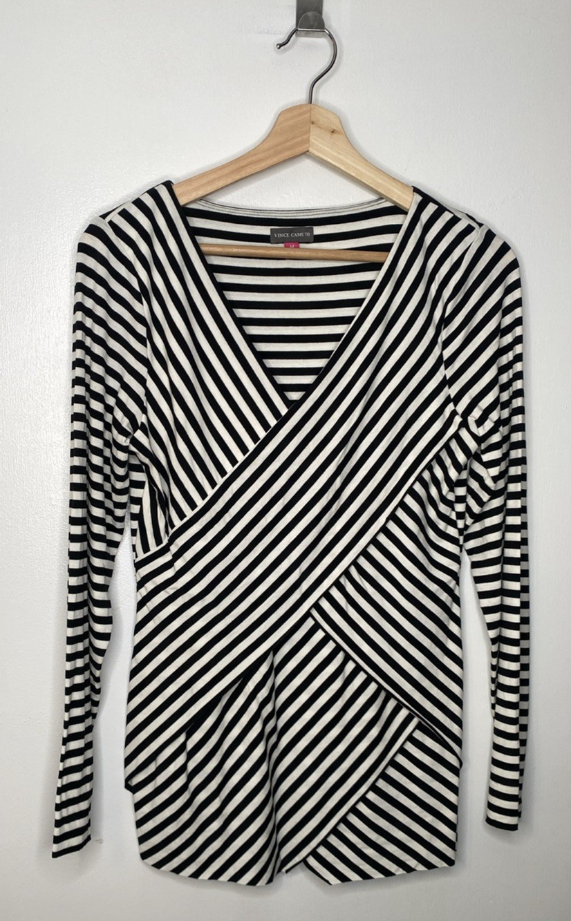 Vince Camuto Black White Stripe Criss Cross Top Long Sleeve Size M